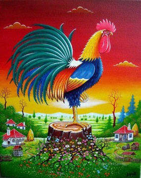 Fowl Painting - cartoon rooster and village